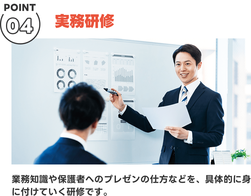 POINT04 実践研修 専門知識や保護者へのプレゼンの仕方なども、具体的に身に付けていく研修です。