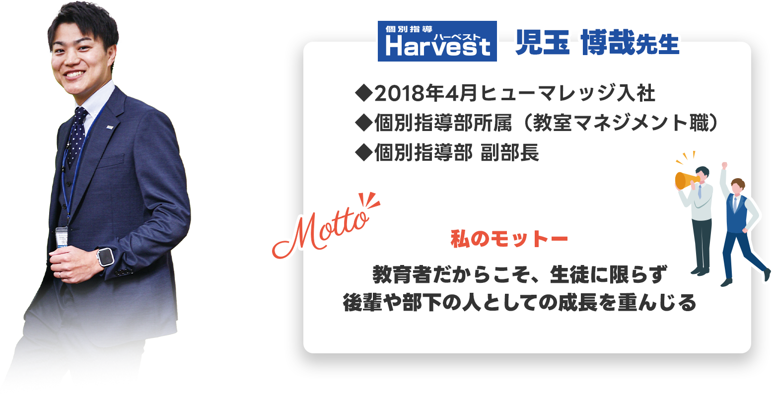 個別指導 Harvest ハーベスト 児玉 博哉先生 ◆2018年4月ヒューマレッジ入社 ◆個別指導部所属（教室マネジメント職） ◆個別指導部 副部長 Motto 私のモットー 教育者だからこそ、生徒に限らず後輩や部下の人としての成長を重んじる