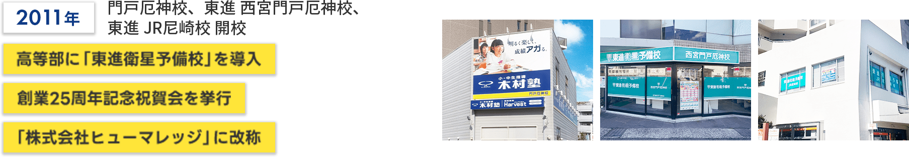 2011年　門戸厄神校、東進 西宮門戸厄神校、東進 JR尼崎校 開校／高等部に「東進衛星予備校」を導入／創業25周年記念祝賀会を挙行／「株式会社ヒューマレッジ」に改称